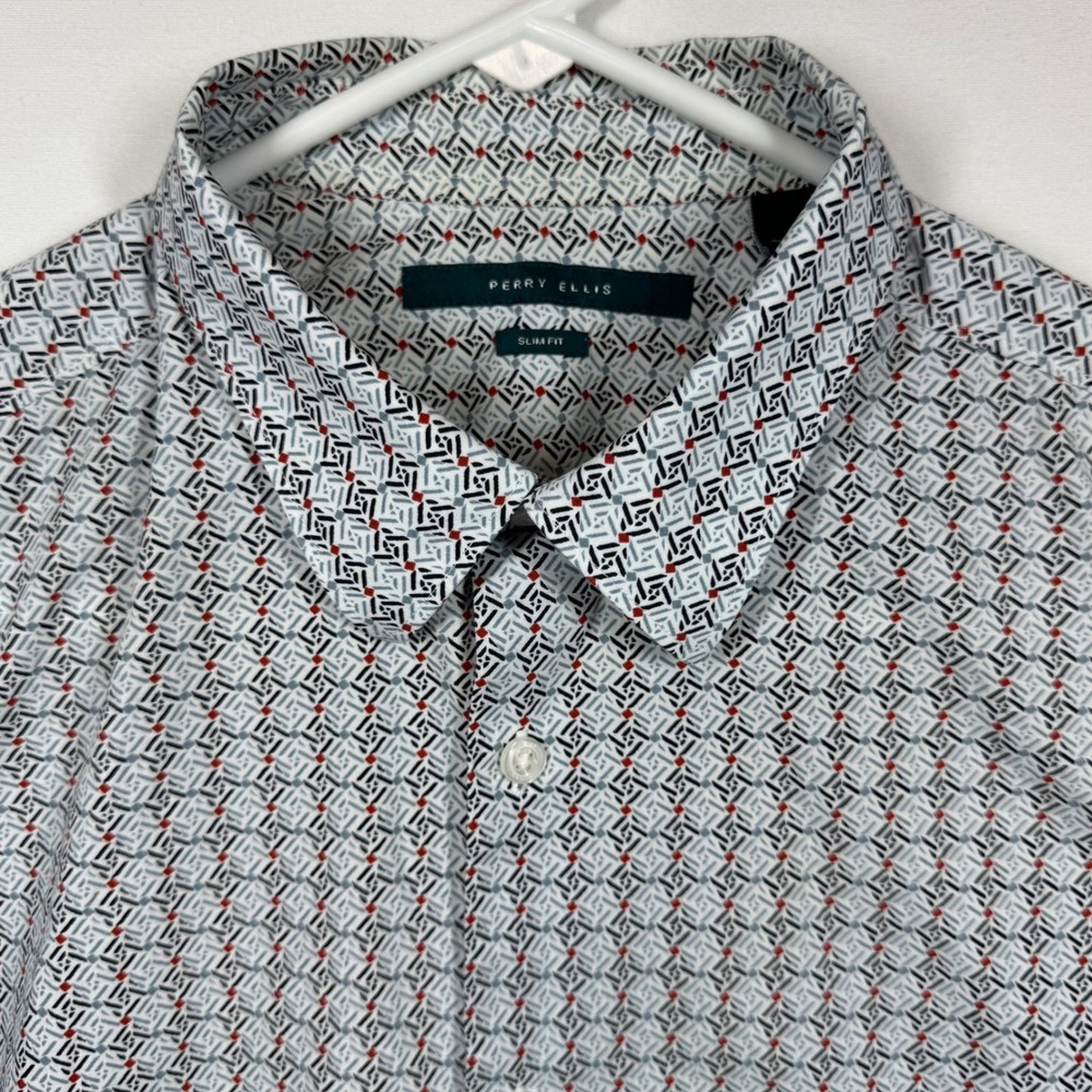 Perry Ellis Mens Slim Fit Long Sleeve Button Up Dress Shirt Geometric Sz Large